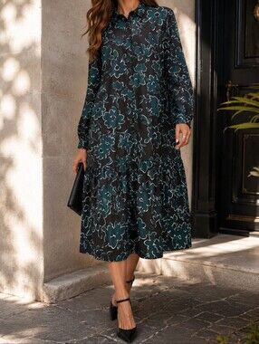 VILA Floral Tiered Midi Dress Size 42 Teal Botanical Button Front